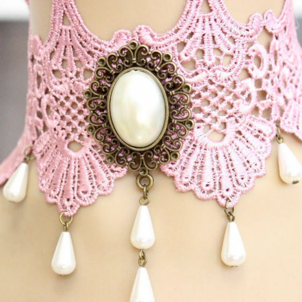 Vintage Pink Lace Pearl choker Necklace